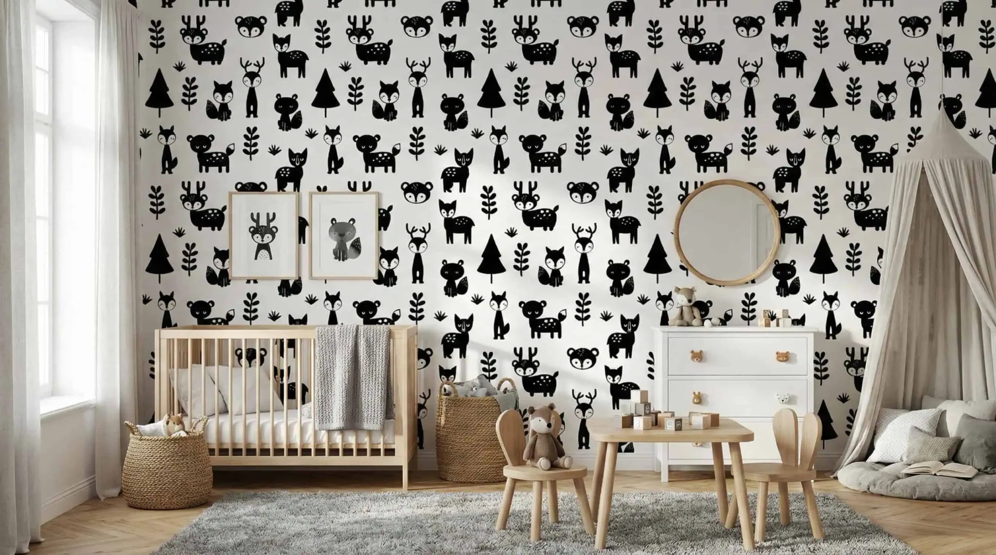 zwart wit bosdieren kinderkamer behang in de kinderkamer